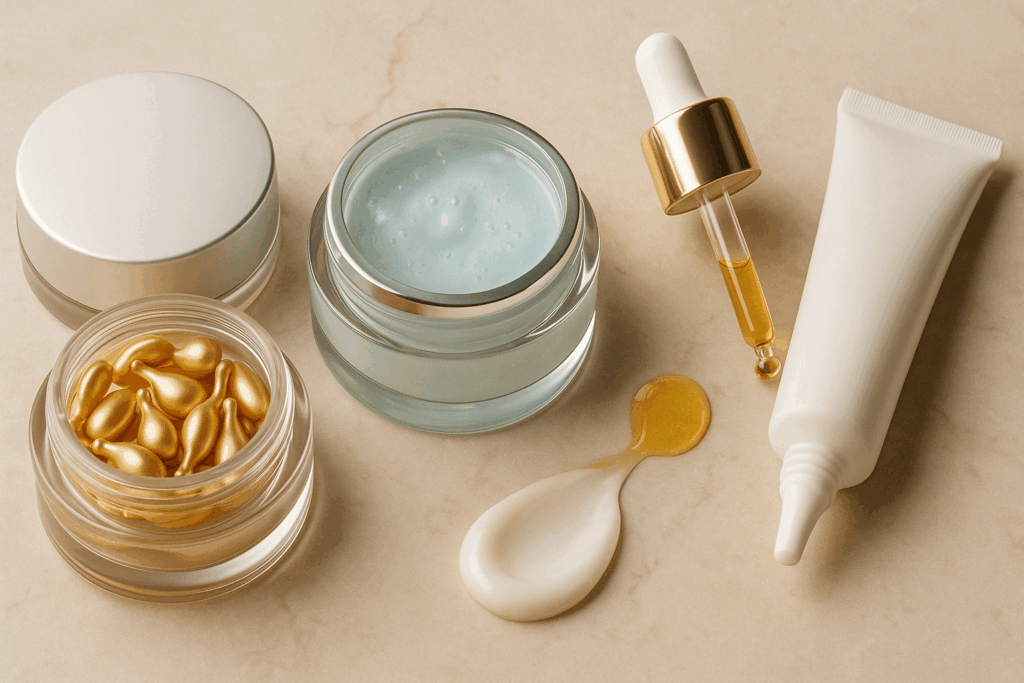 High-end eye creams and serums on a marble vanity showing textures like gel, oil, and cream used in how to get rid of fine lines under eyes
