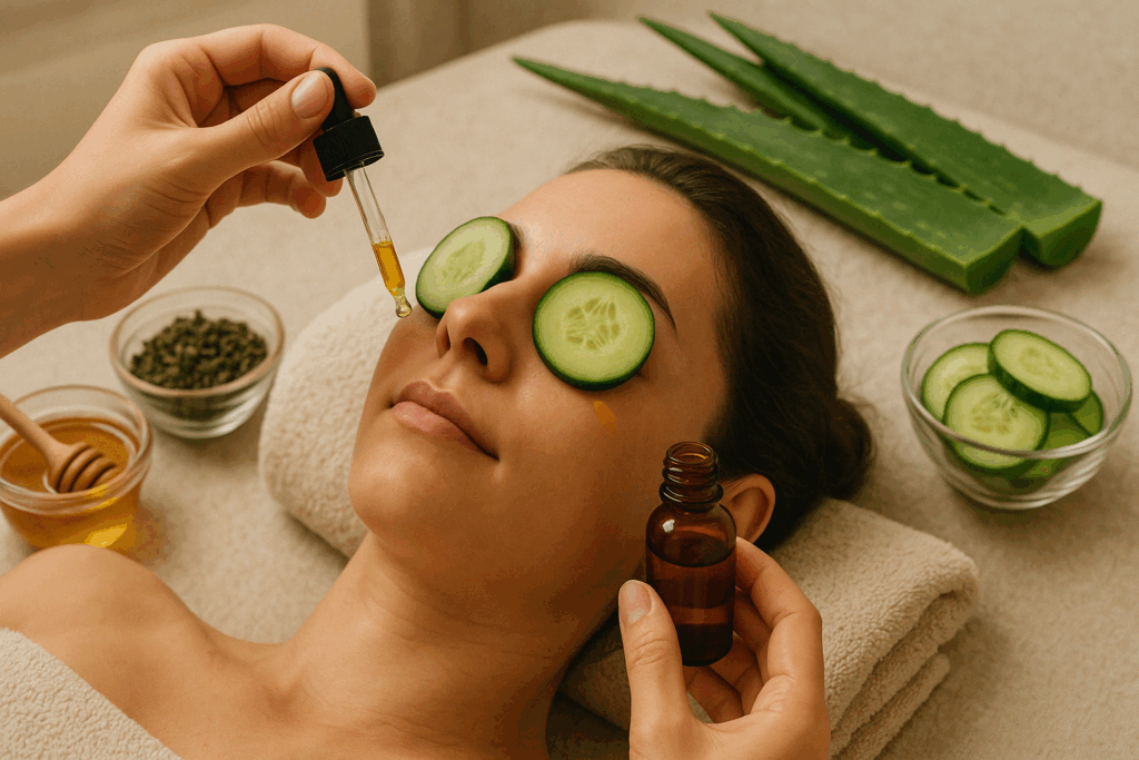 Woman applying natural oil with cucumber slices on eyes surrounded by aloe, honey, and green tea during a home skincare ritual for how to get rid of fine lines under eyes