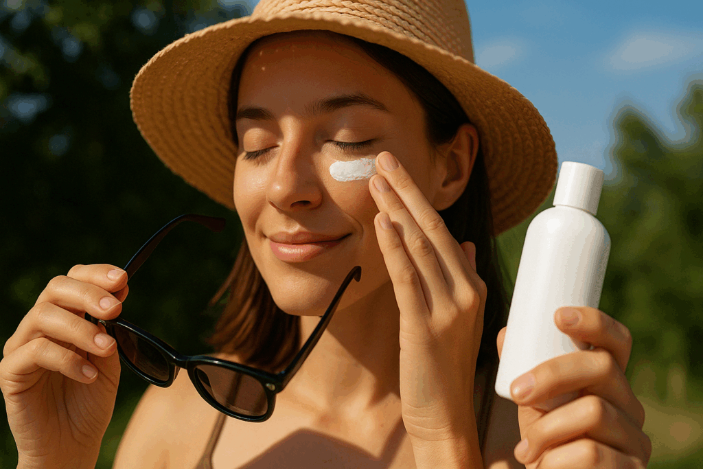 Young woman applying mineral sunscreen under eyes outdoors, illustrating how to get rid of fine lines under eyes with sun protection