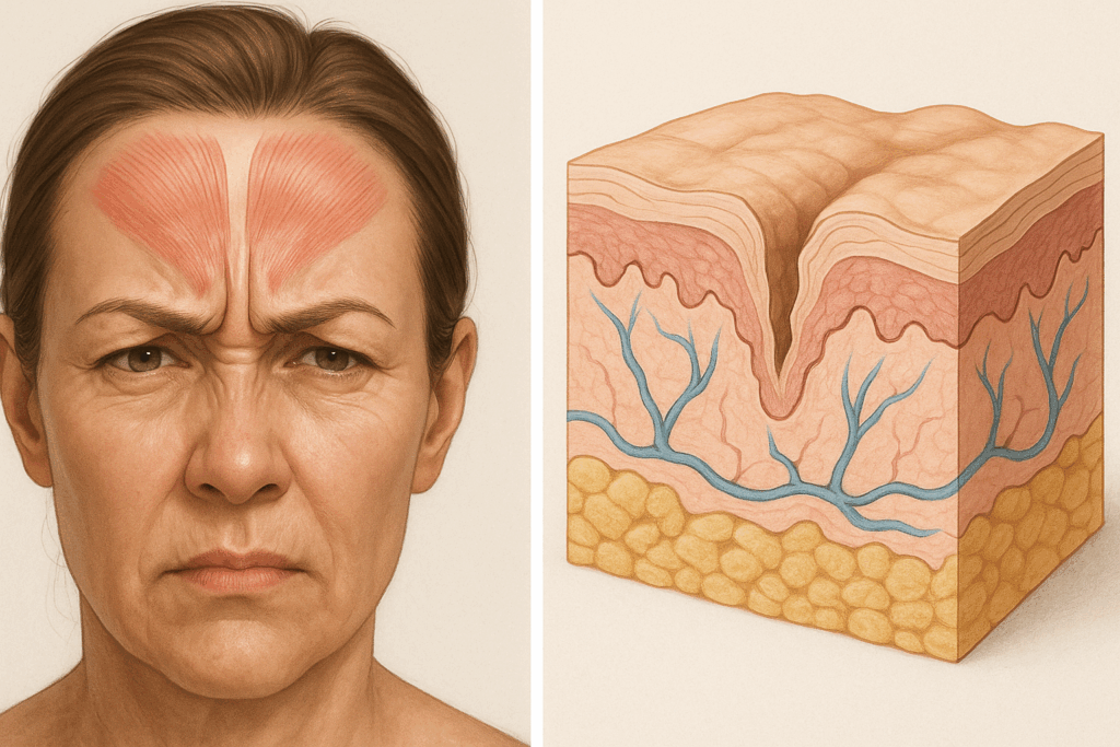 Side-by-side illustration showing frontalis muscle contraction and collagen breakdown to explain how to get rid of forehead wrinkles naturally