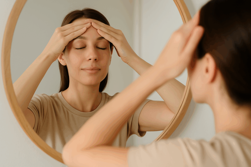 Woman practicing facial yoga with upward strokes in the mirror, showing how to get rid of forehead wrinkles naturally