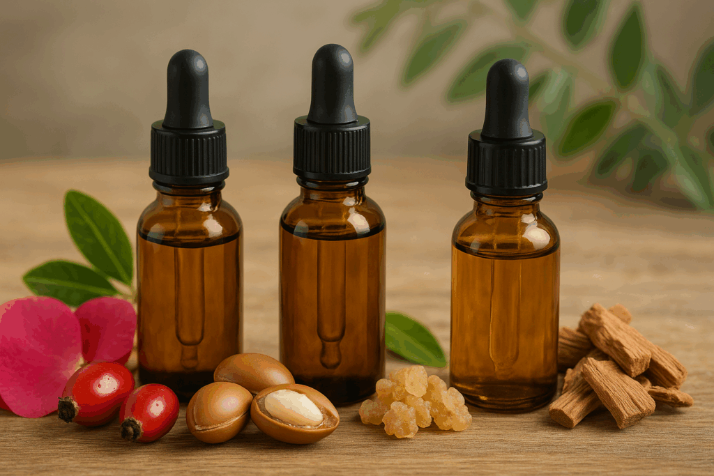 Natural oils like rosehip, argan, and frankincense arranged with botanicals on wood, promoting how to get rid of forehead wrinkles naturally