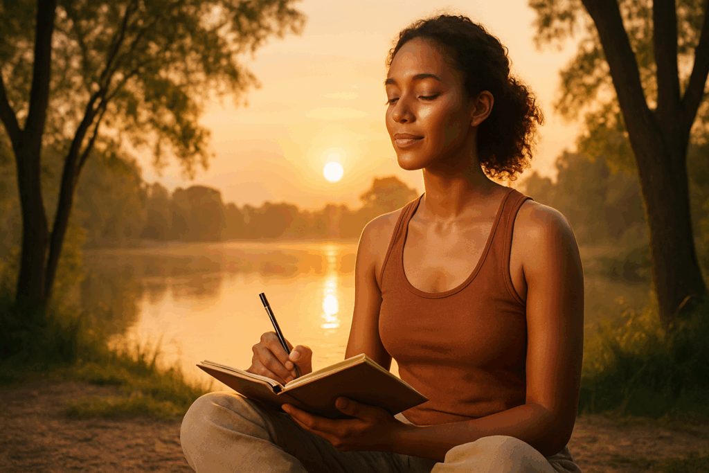 Woman journaling by a lake at sunrise, her glowing skin reflecting emotional peace and mindfulness—symbolizing how to get rid of forehead wrinkles naturally.