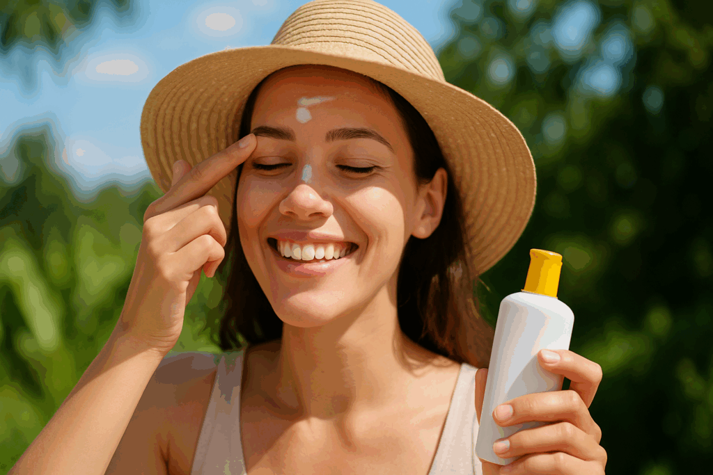Young woman in her 20s applying mineral sunscreen outdoors while smiling, demonstrating how to get rid of forehead wrinkles naturally.
