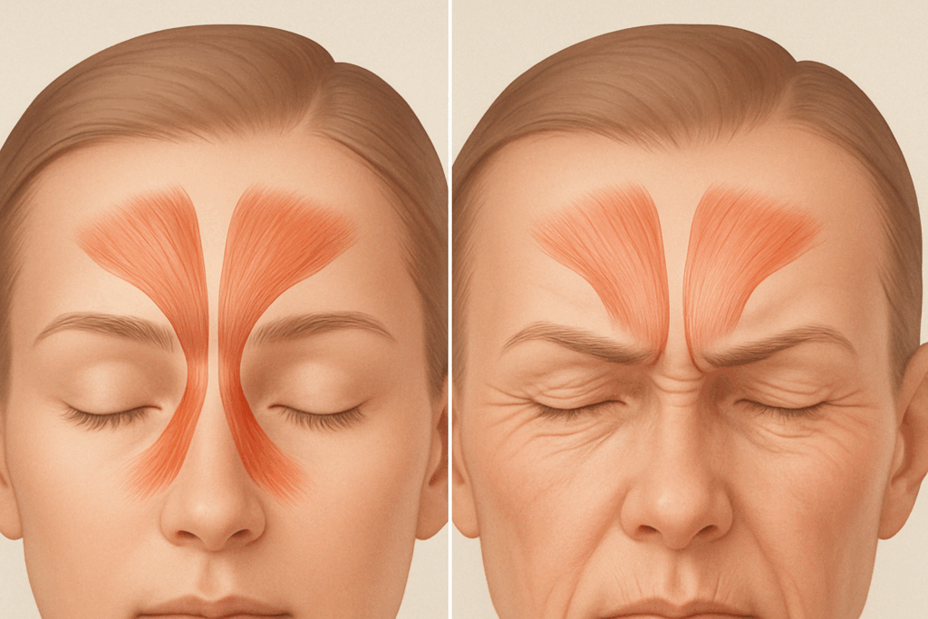 Medical illustration showing how to get rid of frown lines on your forehead by highlighting corrugator supercilii and procerus muscles in youthful vs aged skin