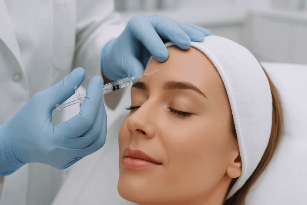 Dermatologist injecting forehead filler into a calm patient during a cosmetic procedure on how to get rid of frown lines on your forehead