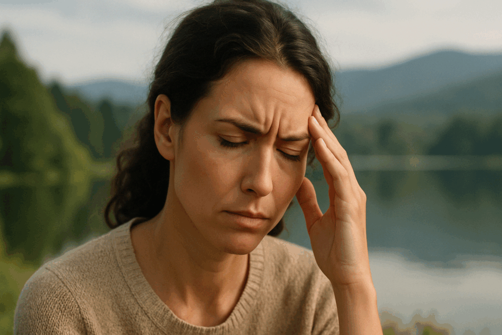 Stressed woman with subtle frown lines on her forehead sitting by a peaceful lake, symbolizing emotional strain and how to get rid of frown lines on your forehead.