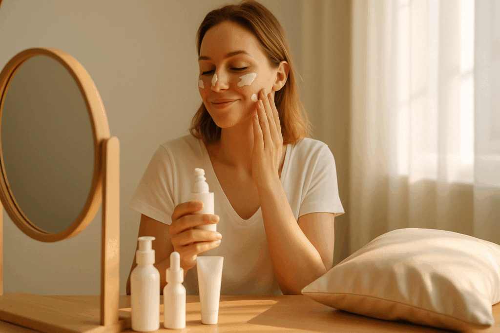 Woman applying sunscreen during morning skincare routine with silk pillowcase and natural light—how to get rid of frown lines on your forehead.