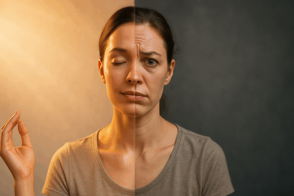 Split portrait of a woman showing stress and relaxation to illustrate how to get rid of frown lines on your forehead through mental wellness