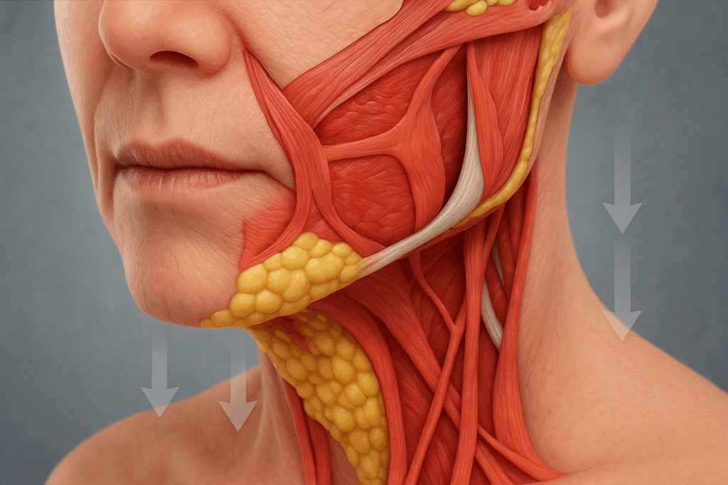 3D-rendered anatomical illustration showing facial sagging and aging muscles near the mouth and chin, used to explain how to get rid of marionette lines without fillers
