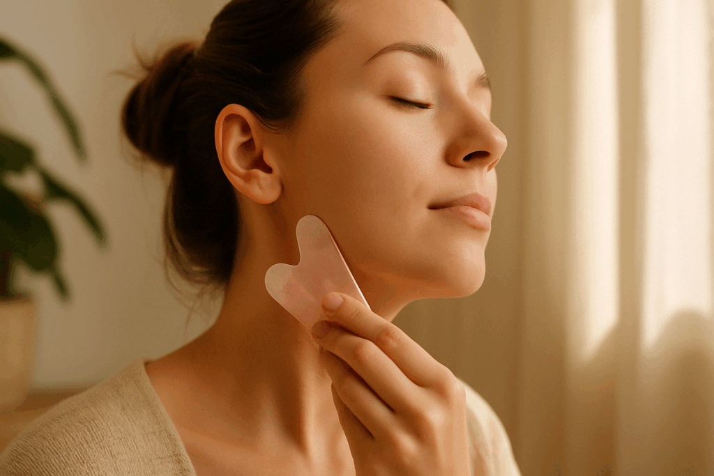 Woman using a rose quartz gua sha tool on her jawline as part of a skincare routine showing how to get rid of marionette lines without fillers.