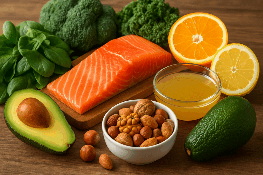 Colorful display of salmon, citrus fruits, leafy greens, nuts, bone broth, and avocado on a wooden counter, showing how to get rid of marionette lines without fillers through nutrition.