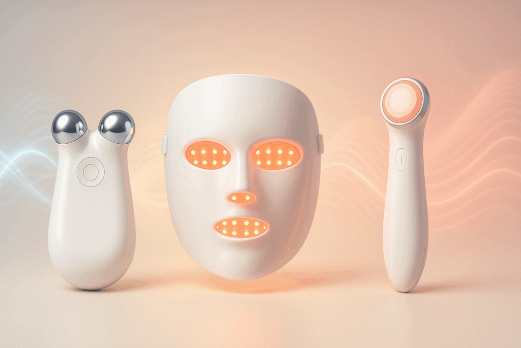 Realistic 3D rendering comparing at-home devices used in how to get rid of marionette lines without fillers, including a microcurrent tool, red light therapy mask, and radiofrequency wand
