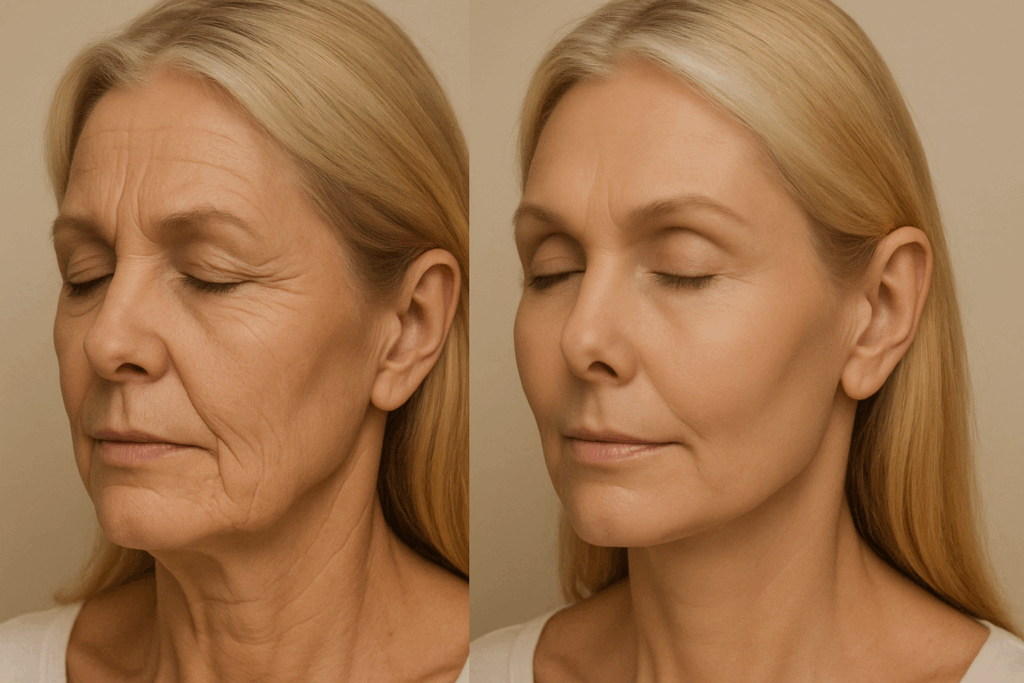 Side-by-side comparison of two women’s faces showing the effects of sleeping positions, illustrating how to get rid of sleep lines on face quickly