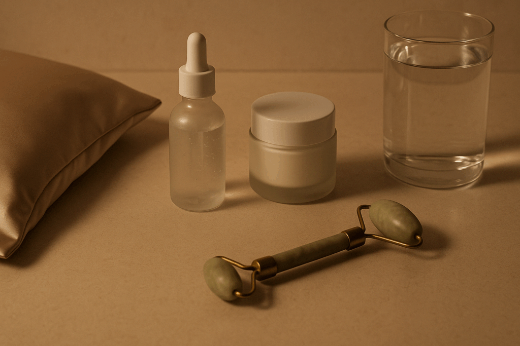 Nighttime skincare essentials showing how to get rid of sleep lines on face quickly, with retinol cream, hyaluronic acid, jade roller, silk pillowcase, and water on a bathroom counter.