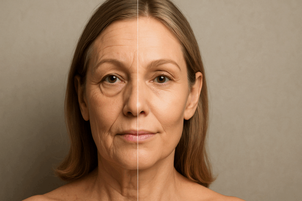 Split-face comparison showing facial asymmetry from side sleeping, illustrating how to get rid of sleep lines on face quickly with a youthful versus aged side.
