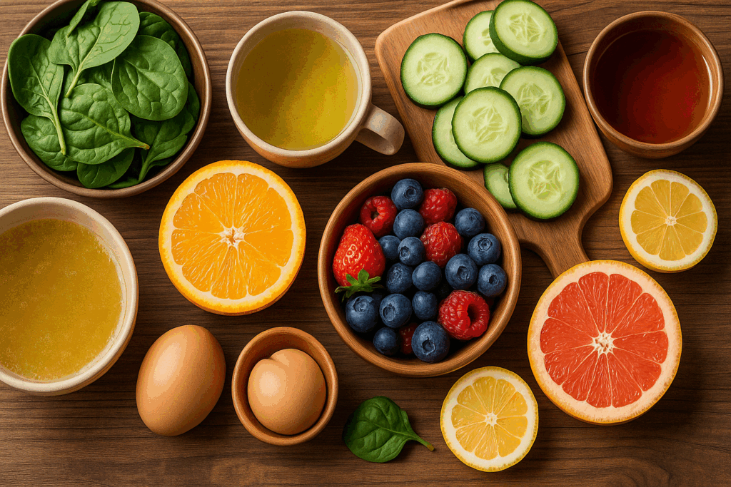 Nutrient-rich foods like leafy greens, citrus fruits, berries, cucumbers, bone broth, eggs, and herbal tea on a wooden table—showcasing how to get rid of wrinkles around mouth naturally through diet.