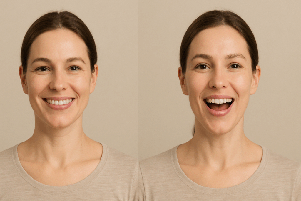 Woman demonstrating facial exercises with a smile and raised cheeks to show how to get rid of wrinkles around mouth naturally