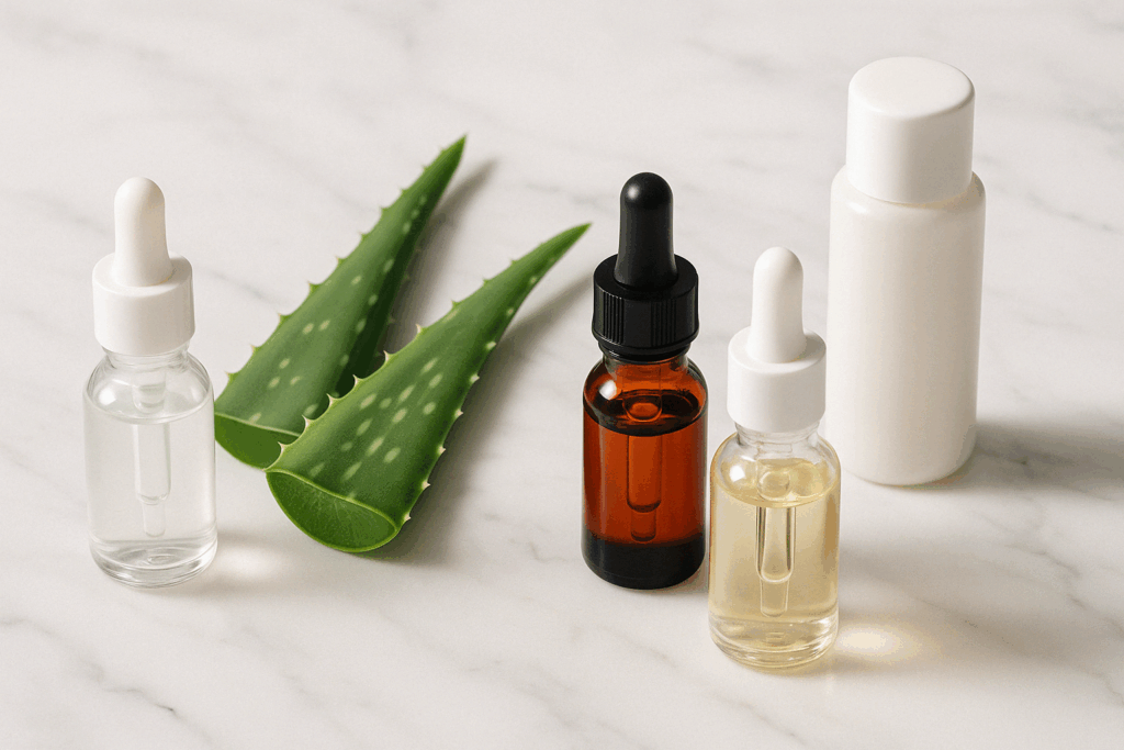 Natural skincare ingredients like hyaluronic acid, aloe vera, rosehip oil, and vitamin C serum arranged on marble—showing how to get rid of wrinkles around mouth naturally.