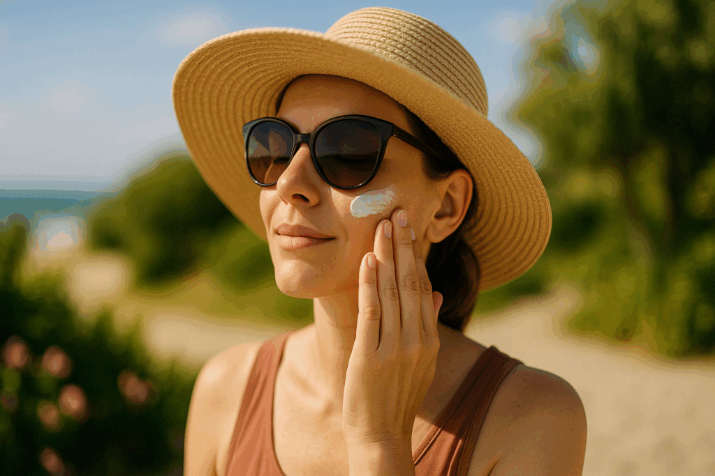Woman wearing a sun hat and sunglasses applying mineral sunscreen outdoors, practicing sun protection as part of how to get rid of wrinkles around mouth naturally.