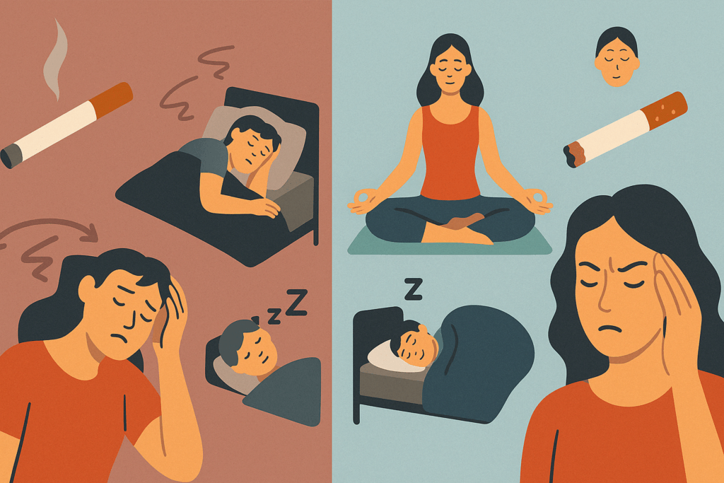 Split-screen illustration showing lifestyle habits that influence how to get rid of wrinkles around mouth naturally, with smoking and stress on one side, and yoga and restful sleep on the other.