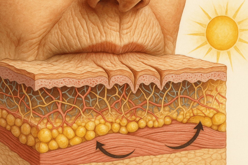 Cross-section illustration of skin layers around the mouth showing collagen loss, sun damage, and muscle movement related to how to get rid of wrinkles around mouth naturally