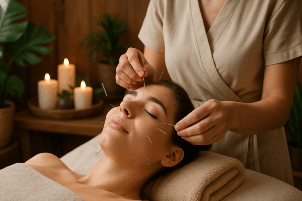 Woman receiving facial acupuncture in a serene spa setting, a natural treatment often used in guides on how to get rid of wrinkles around mouth naturally.