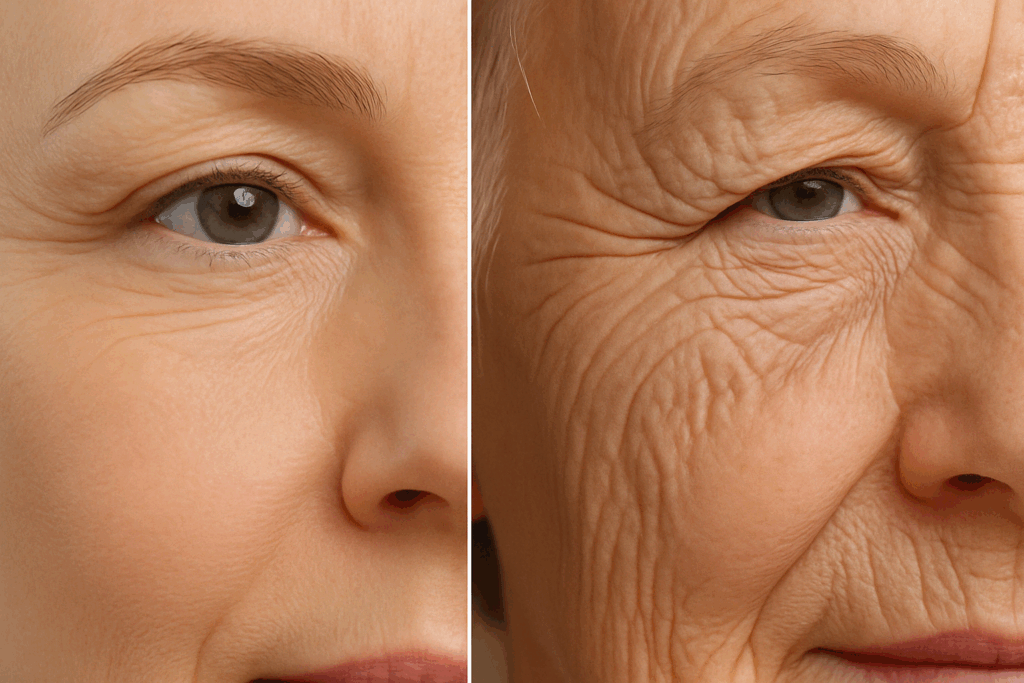 Close-up comparison of facial skin showing fine lines around the eyes and deeper wrinkles on the cheeks, highlighting areas targeted to reduce fine lines
