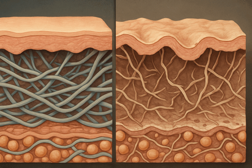 Cross-sectional skin diagram comparing youthful and aging tissue to show how collagen and elastin breakdown contributes to wrinkles and efforts to reduce fine lines