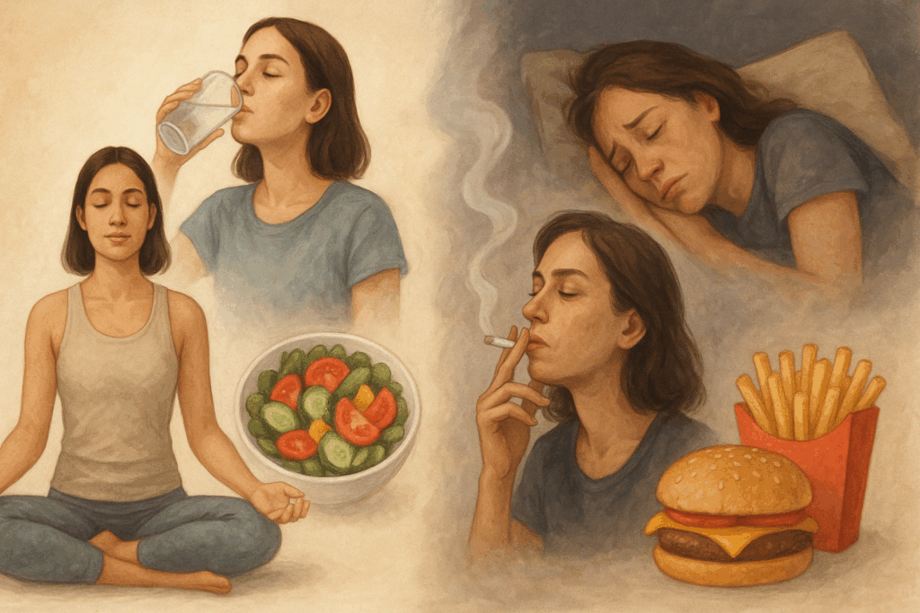 Split illustration showing lifestyle choices that reduce fine lines, with a woman meditating, drinking water, and eating salad contrasted against smoking, poor sleep, and fast food