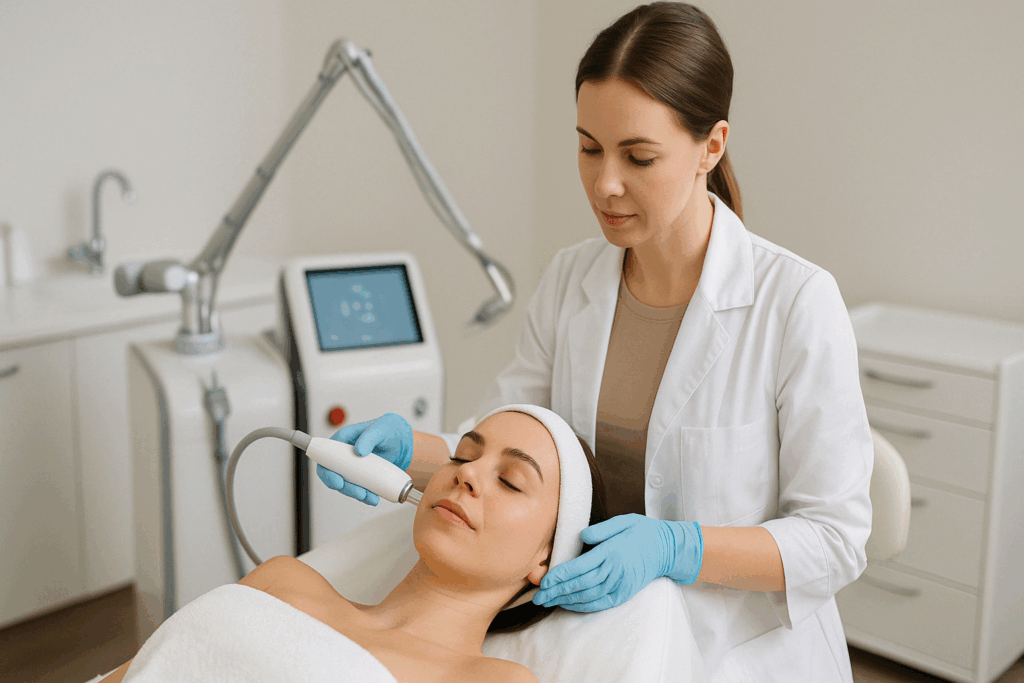 Dermatologist performing a non-invasive facial procedure in a clinic to reduce fine lines and rejuvenate skin.