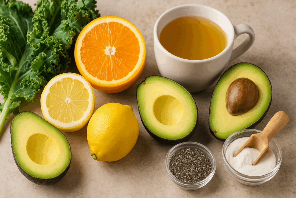 Whole foods that help reduce fine lines, including citrus fruits, leafy greens, avocado, chia seeds, bone broth, and collagen powder on a rustic surface.