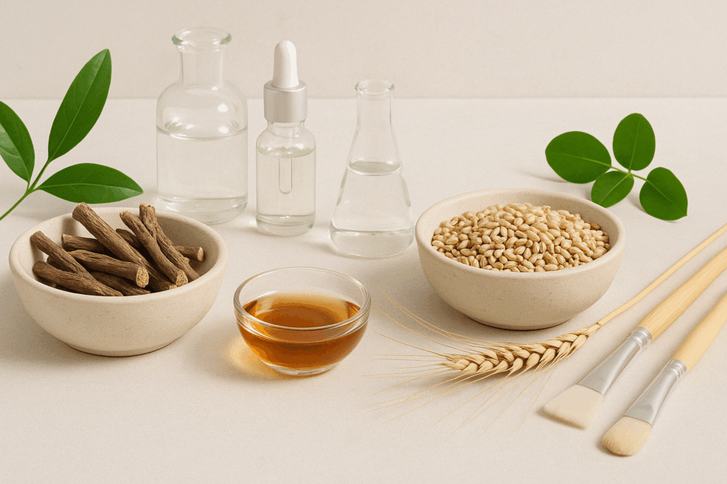 Natural skincare ingredients like licorice root and grains symbolizing azelaic acid on a table, illustrating how to remove dark spots on face fast naturally.