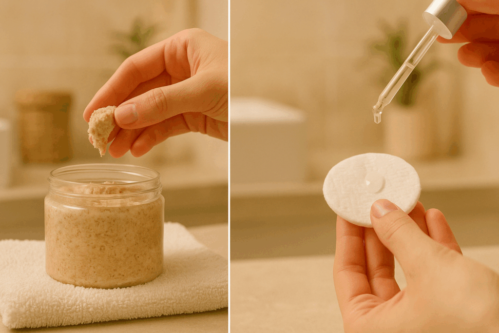 Split image showing physical and chemical exfoliation methods used in skincare routines for how to remove dark spots on face fast naturally.