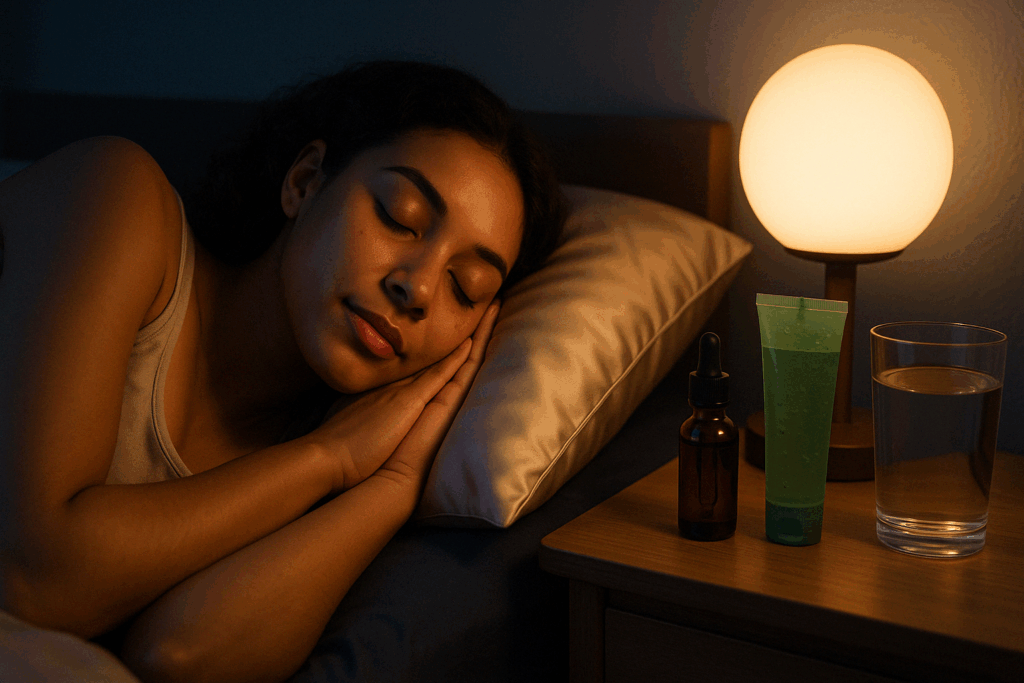 Woman sleeping on a silk pillow with rosehip oil, aloe vera gel, and water nearby as part of a nighttime routine for how to remove dark spots on face fast naturally.