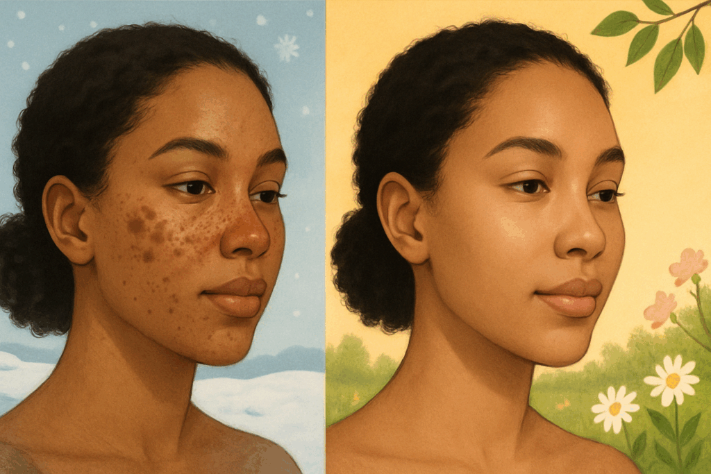 Progressive illustration showing how to remove dark spots on face fast naturally, with seasonal skin healing from winter pigmentation to summer clarity.
