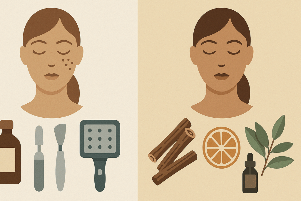 Side-by-side visual comparing professional treatments and natural remedies for how to remove dark spots on face fast naturally