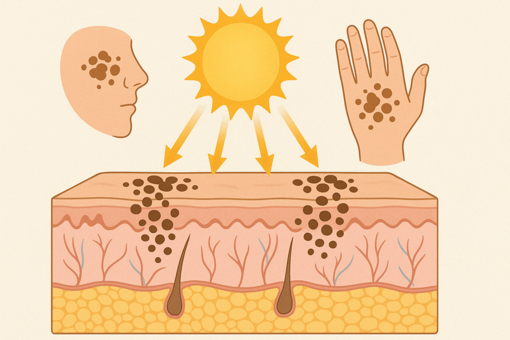 Cross-section of skin showing UV rays causing melanin buildup in sun-exposed areas like cheeks and hands, illustrating how to remove sun spots by targeting hyperpigmentation