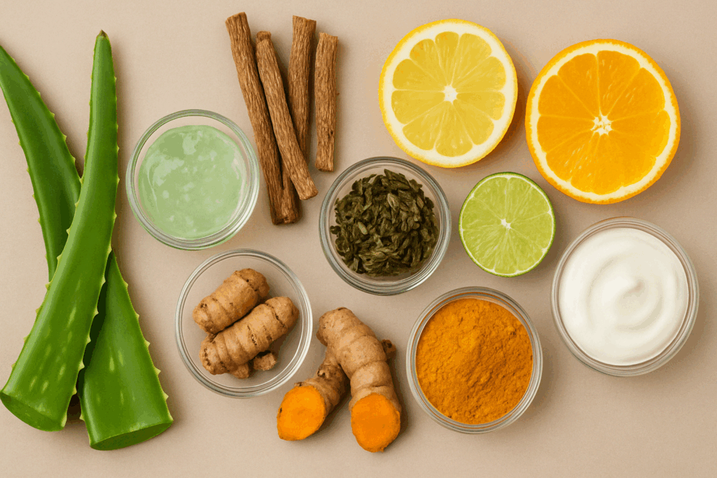 Flat lay of natural ingredients like aloe vera, turmeric, citrus, green tea, and licorice root used in DIY remedies showing how to remove sun spots naturally