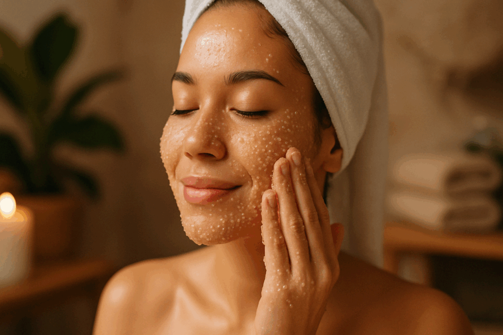 Woman gently exfoliating her face with a natural scrub in a spa-like setting, illustrating how to remove sun spots with skincare.