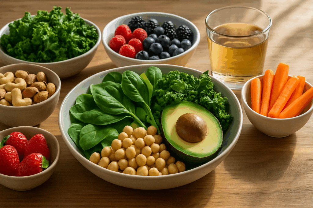 Antioxidant-rich meal with berries, leafy greens, avocado, carrots, and herbal tea on a wooden table, supporting skin clarity and promoting how to remove sun spots through diet