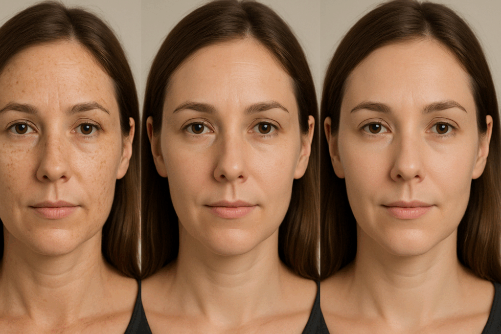 Progressive closeup portraits of a woman showing skin improvement over time, illustrating how to remove sun spots naturally through consistent treatment.
