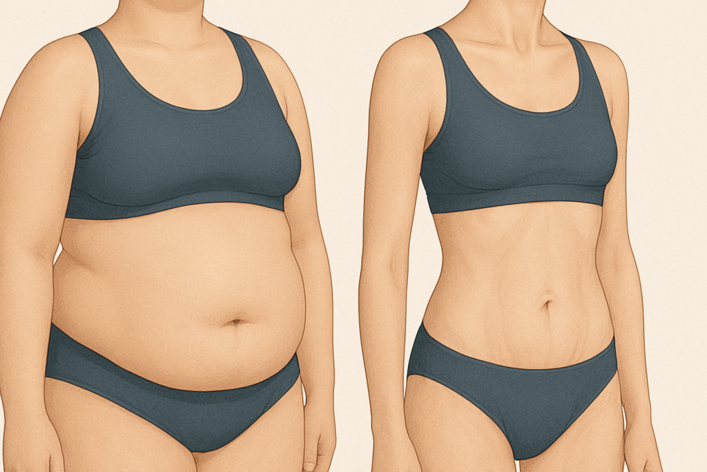 Side-by-side illustration of a woman before and after weight loss, highlighting skin under tension versus sagging skin to show how to tighten loose skin after weight loss