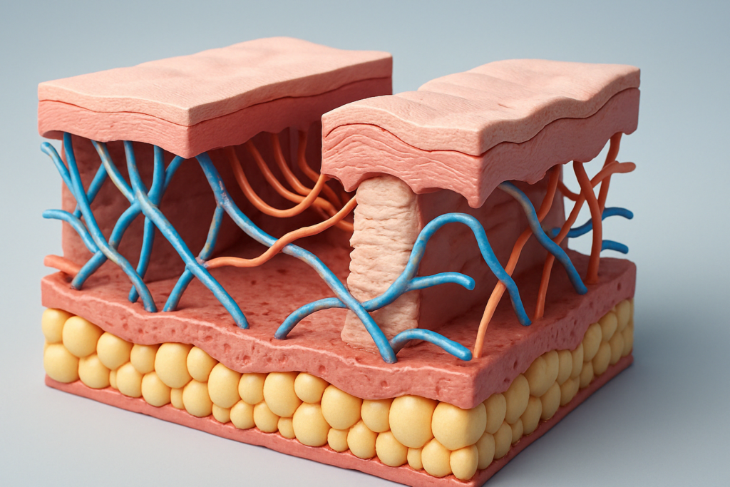 3D cross-section of human skin showing collagen and elastin fiber breakdown, illustrating how to tighten loose skin after weight loss