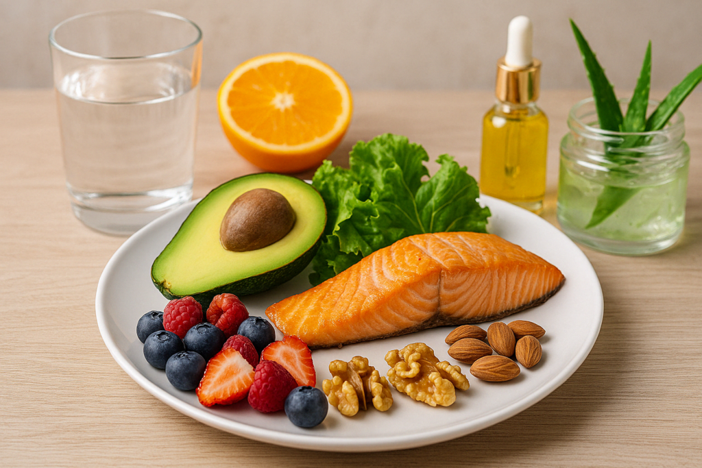 Healthy meal with salmon, avocado, berries, nuts, and aloe vera, supporting skin health and showing how to tighten loose skin after weight loss.