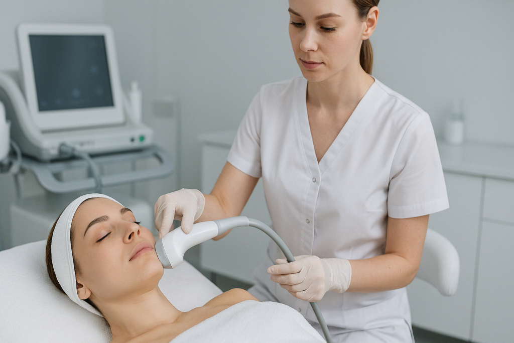 Professional applying noninvasive skin tightening treatment in a modern clinic, demonstrating how to tighten loose skin after weight loss