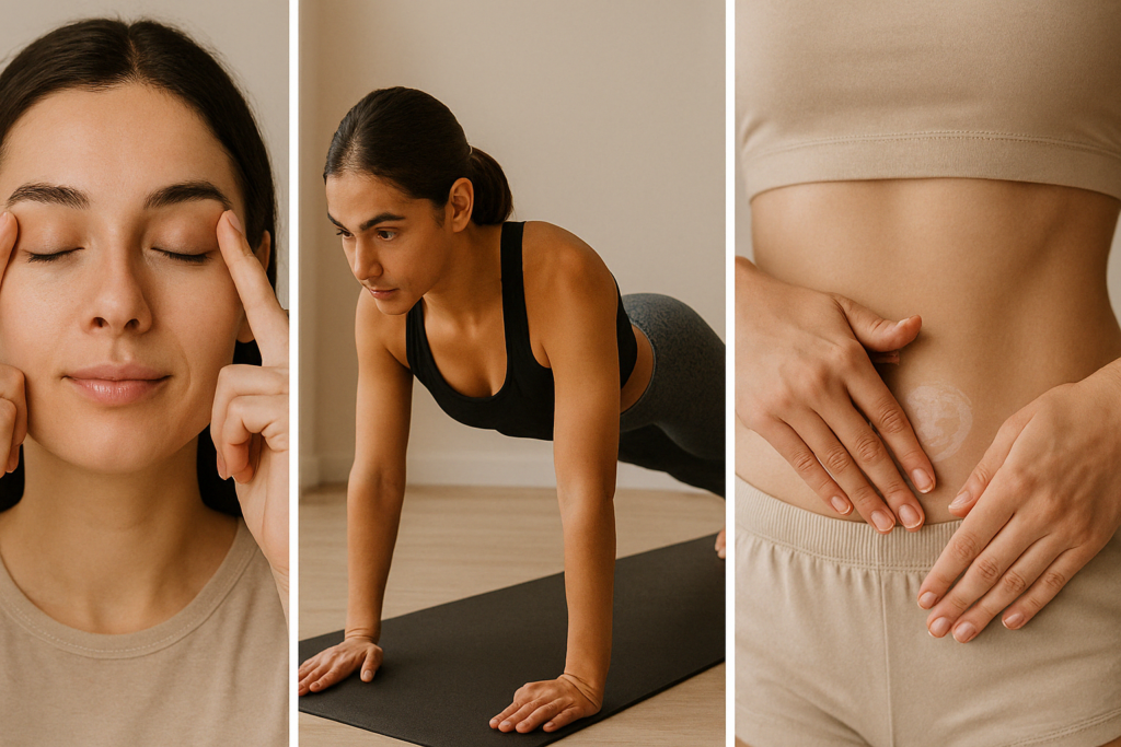 Collage showing how to tighten loose skin after weight loss with facial massage, core-strengthening exercises, and abdominal skincare
