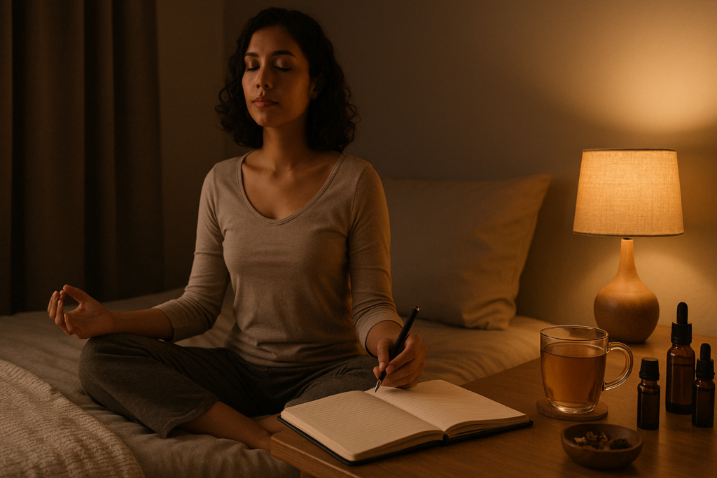 Woman meditating and journaling before bed with tea and essential oils, practicing how to tighten loose skin after weight loss through stress reduction and better sleep.