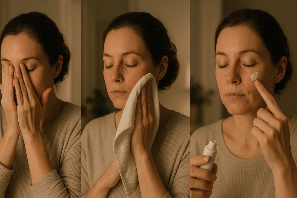 Step-by-step guide on how to use Retin-A cream for maximum effectiveness, showing a woman gently cleansing her face, patting it dry, and carefully applying a small amount of product in a softly lit bathroom setting