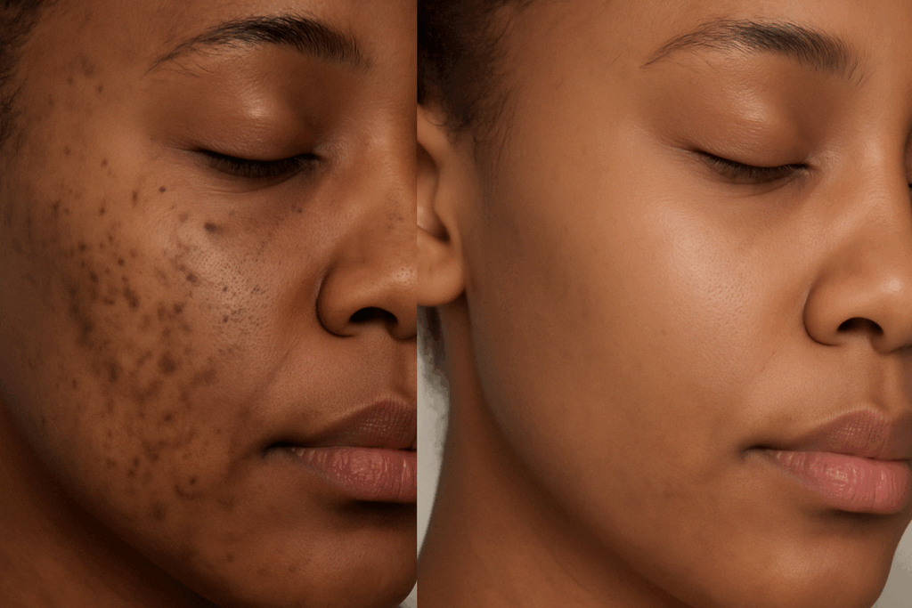 Before-and-after close-up of skin treated with Retin-A cream for post-inflammatory hyperpigmentation, showing improved texture and even tone